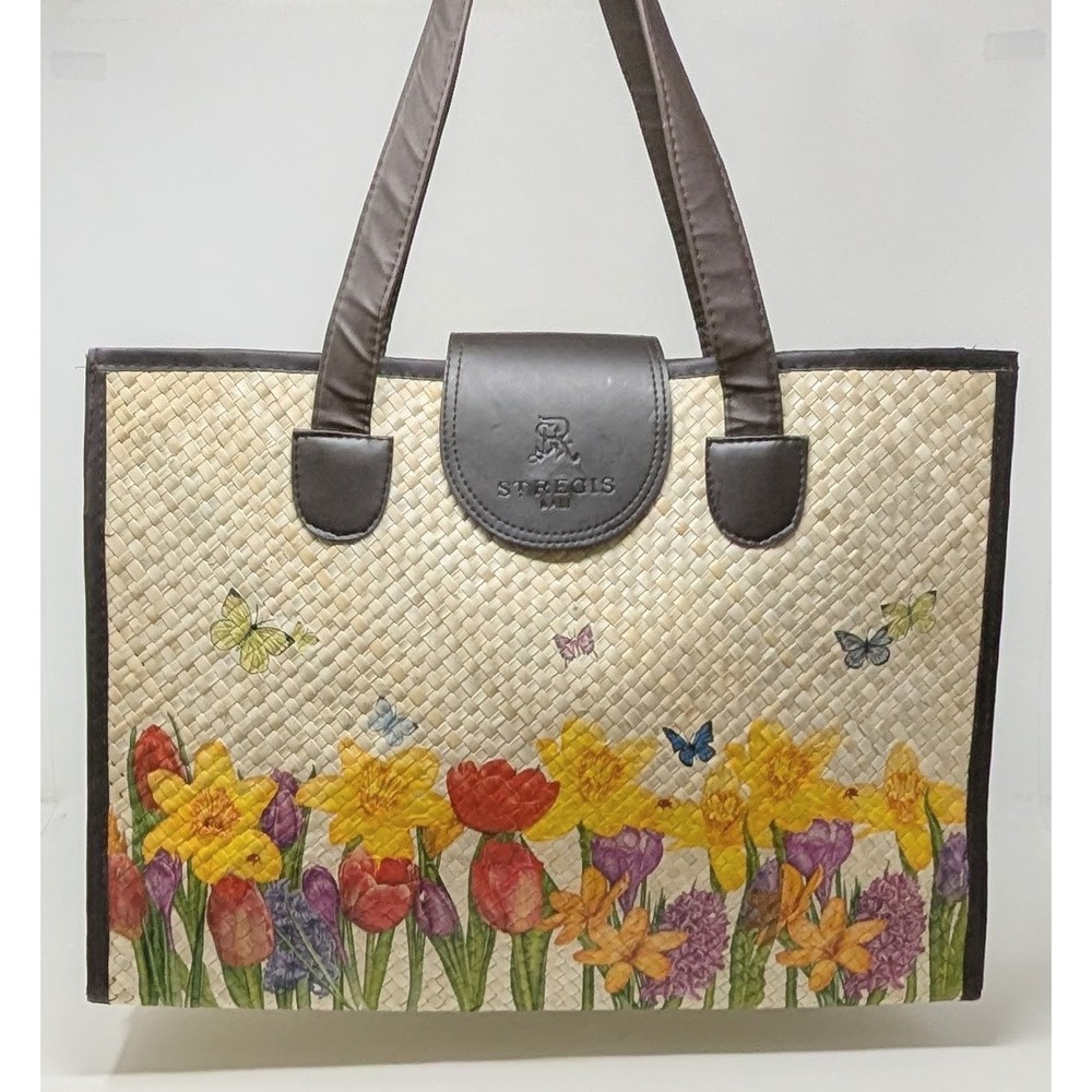 St. Regis Bali Large Lightweight Beach Tote Handwoven Straw Resort Bag Flowers
